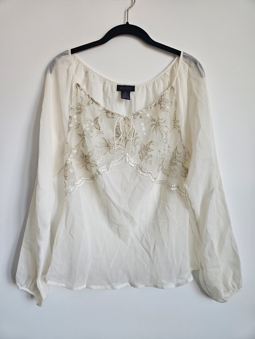 Vintage 90s The Limited Sheer Silk Blouse Lace Metallic Medium Ivory Gold